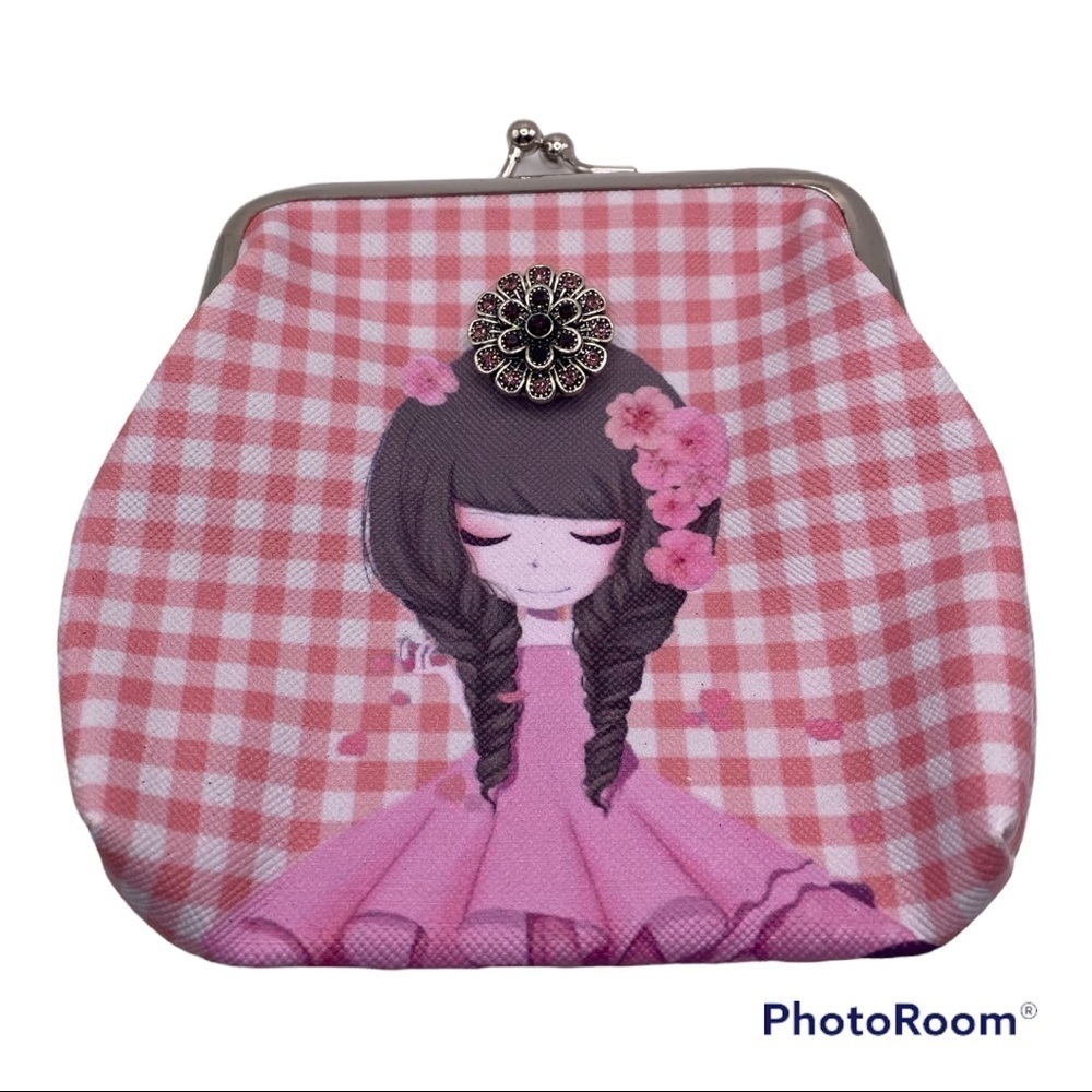 Pink Plaid Snap Jewelry Change Purse w/ Sweet Brunette & Flower Snap! SEE VIDEO!